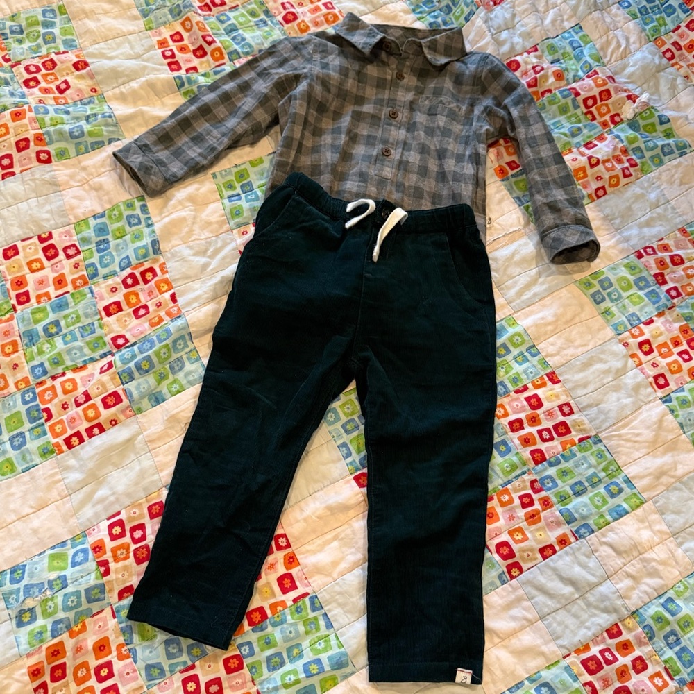 Toddler Plaid Long Sleeve Onesie with Green Drawstring Pants